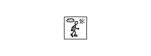 Schwarz-weiß-Zeichnung eines Männchens, das von einer Wolke linkes nach rechts zu einer Sonne geht als Symbol für „Rausgehen“