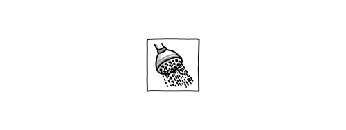Schwarz-weiß-Zeichnung eines Duschkopfs, aus dem Wasser rieselt, als Symbol für „Duschen“